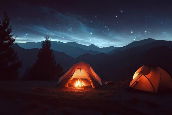 空に星座がある美しい夜に、キャンプファイヤーのあるテント03｜風景の壁紙/画像素材
