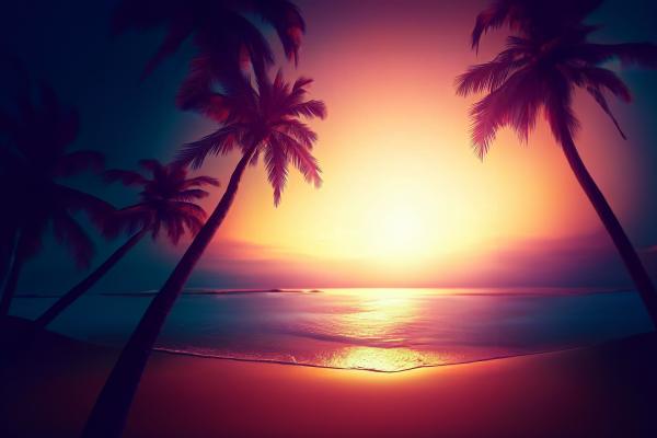 ビーチの美しすぎる夕焼けとヤシの木02｜風景の壁紙/画像素材