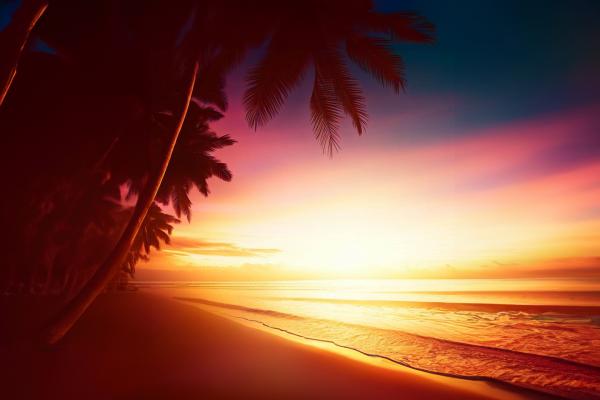 ビーチの美しすぎる夕焼けとヤシの木03｜風景の壁紙/画像素材