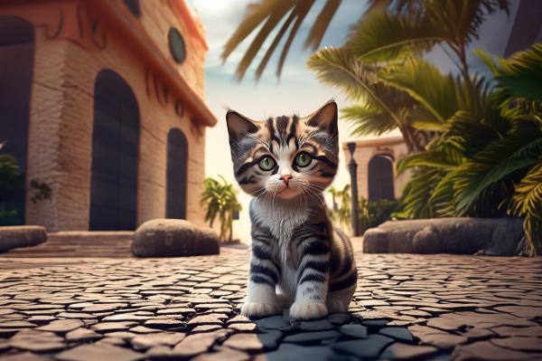 石畳​の通り​の​子猫 01｜生き物の壁紙/画像素材