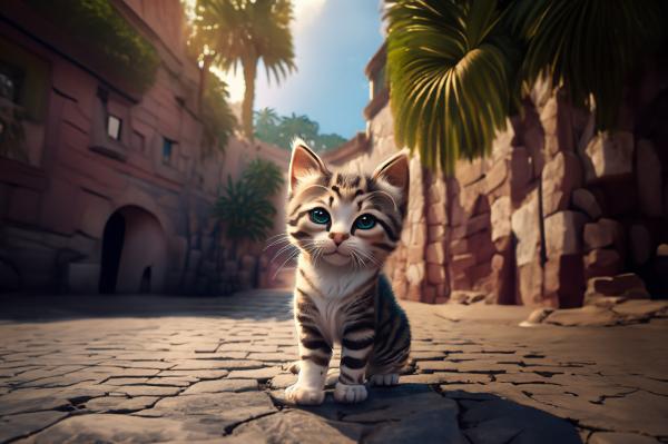 石畳​の通り​の​子猫 03｜生き物の壁紙/画像素材
