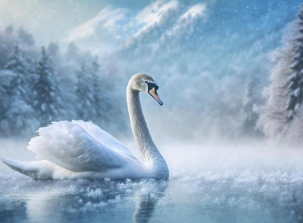 雪の湖に舞う白鳥