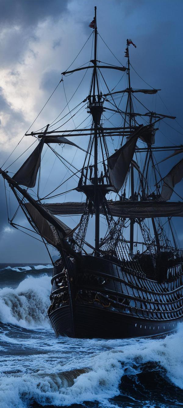 夜の黒い帆船#4｜船の壁紙/画像素材