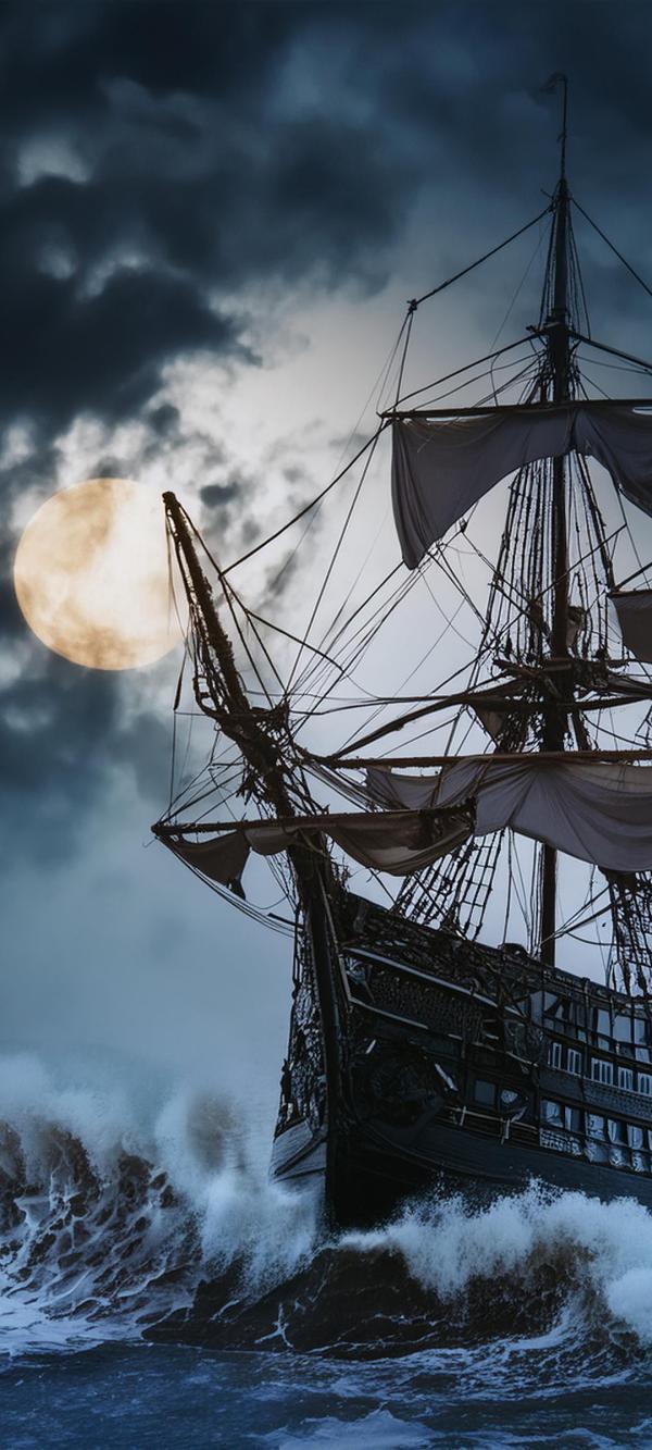 夜の黒い帆船#8｜船の壁紙/画像素材